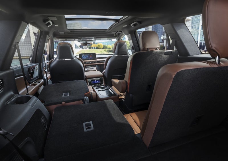 One side of the PowerFold® third-row seat and a second-row seat are folded forward in the 2026 Lincoln Aviator® SUV. | Randy Marion Lincoln in Statesville NC